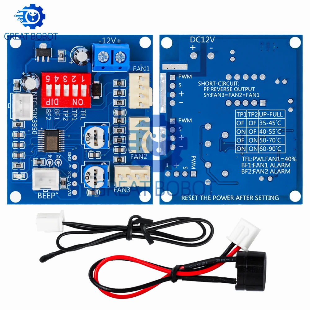 DC 12V 5A PWM PC CPU Fan Temperature Control Speed Controller Module Buzzer High-Temp Alarm NTC B 3950 Thermistor 50K