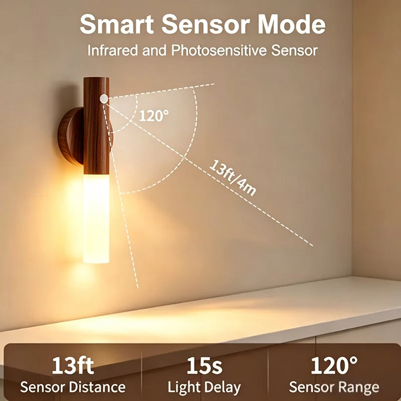 Wood Grain Motion Sensor Light Indoor Magnet Body Hallway Rechargeable LED Wireless Wall Sconce Portable Decor Torch Night Light