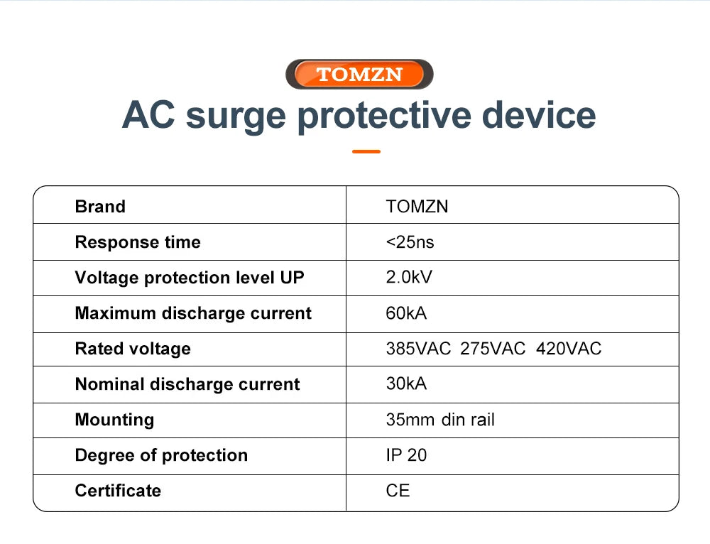 TOMZN AC SPD 2P House Surge Protector Protection Protective Low-voltage Arrester Device 10-20kA 20-40kA 30-60kA 275V 385V 420V