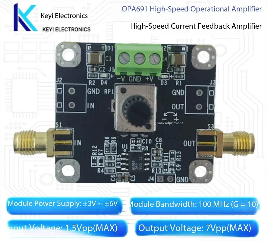 OPA691 Non-Inverting High-Speed Current-Feedback Amplifier Module, Gain Adjustable 5-100x High Performancerd