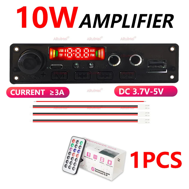 10W Bluetooth Amplifier Board MP3 Decoder Module Dual Channel DC 3.7-5V USB/TF/FM Car Audio Player with Recording Handsfree CalL