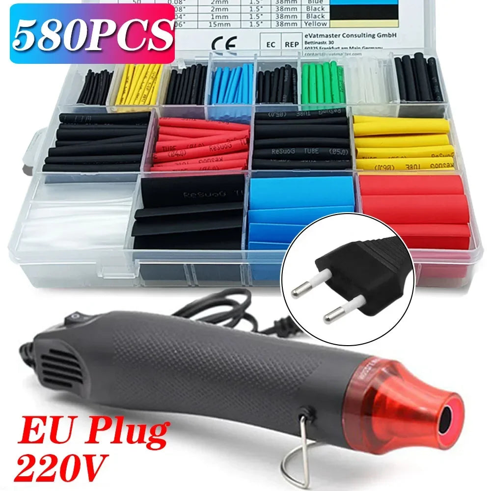 Electrical Mini Heat Gun Handheld Hot Air Gun with 80/530/127PCS Heat Shrink Butt for DIY Craft Embossing Shrink Wrapping PVC