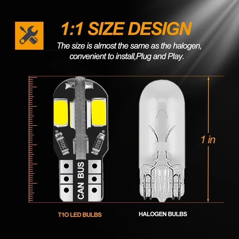 20/10Pcs W5W T10 LED CANBUS No Error 5W5 12V 2W 600Lm Super Bright Car Interior Side Light 194 3030 SMD Auto Bulb White Amber Re