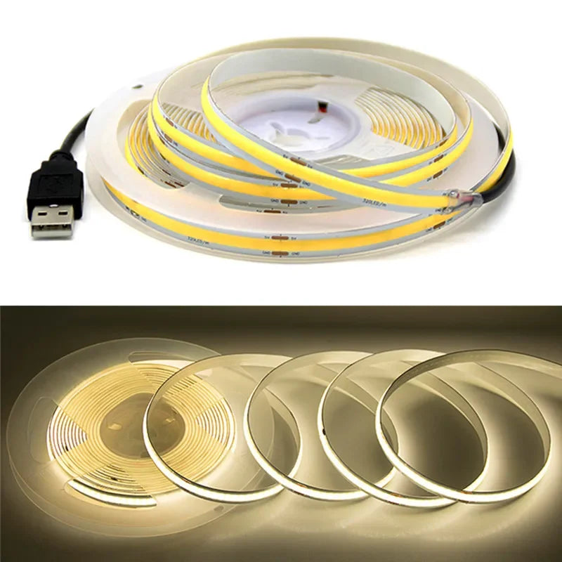 USB COB Lamp Strip DC5V 320LEDs/M White/Red/Pink/Ice Blue/Yellow Cabinet Light Lamp TV Backlight Flexible Ribbon Rope LED Strip