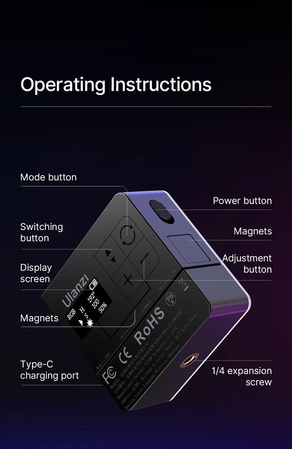Ulanzi VL49 RGB PRO Full Color LED Video Light 2500K-9000K Camera Light for Photopraphy with Honeycomb Diffuser