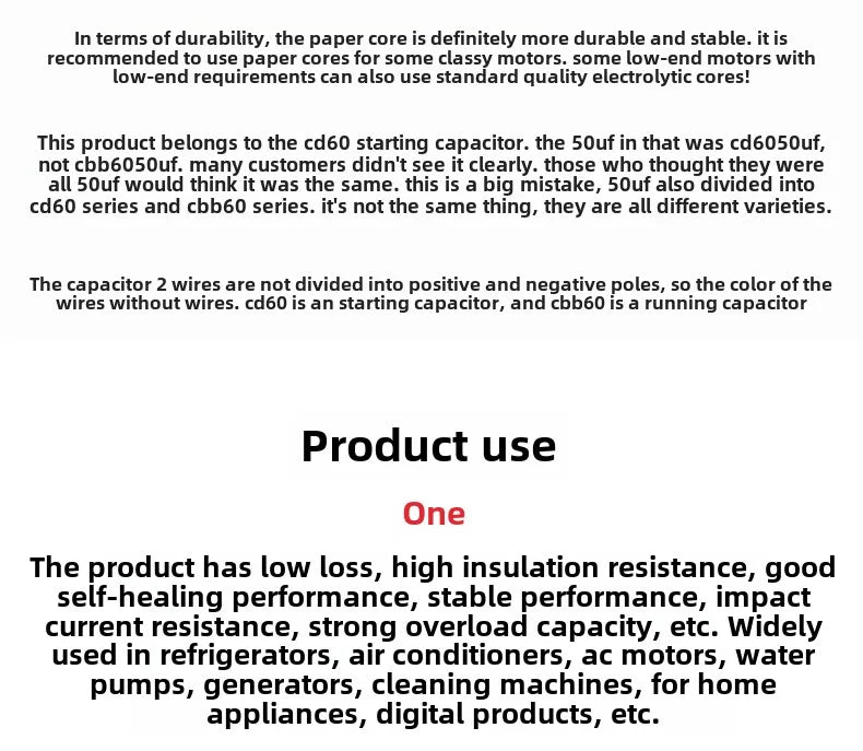 CD60 Motor Water Pump Starting Capacitor 250V 450V AC 50UF 75UF 100UF 150UF 200UF 250UF 300UF 350UF 400UF 500UF 600UF 800UF