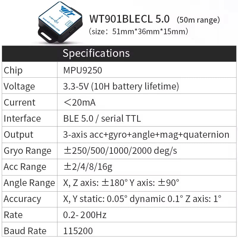 WitMotion WT901BLECL MPU9250 IMU BLE 5.0 Accelerometer Inclinometer, 3 Axis Acce+Gyroscope+Magnetometer BLE 50m for IOS/Android