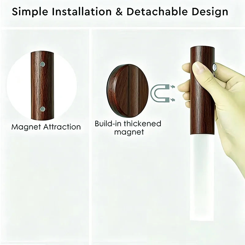 Wood Grain Motion Sensor Light Indoor Magnet Body Hallway Rechargeable LED Wireless Wall Sconce Portable Decor Torch Night Light