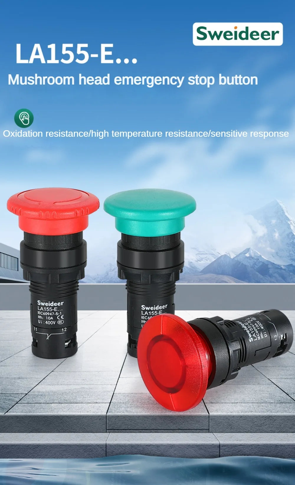 22mm Mushroom Button Switch Momentary Self Reset Emergency Stop Push Button Switch Power Start Switch with Light Red Green 5A