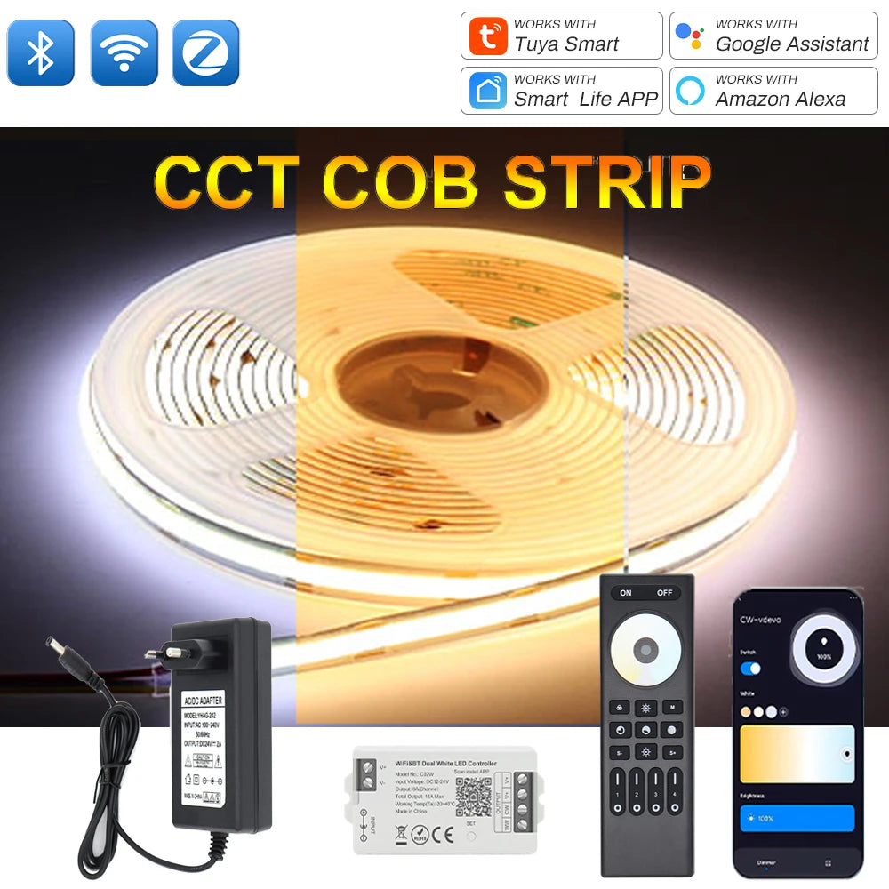 1-10M CCT 2700K-6500K Dimmable LED Strip 5mm 10mm COB LED Strip Light CCT Strip Tuya WiFi Controller Linear LED Tape With Dimmer