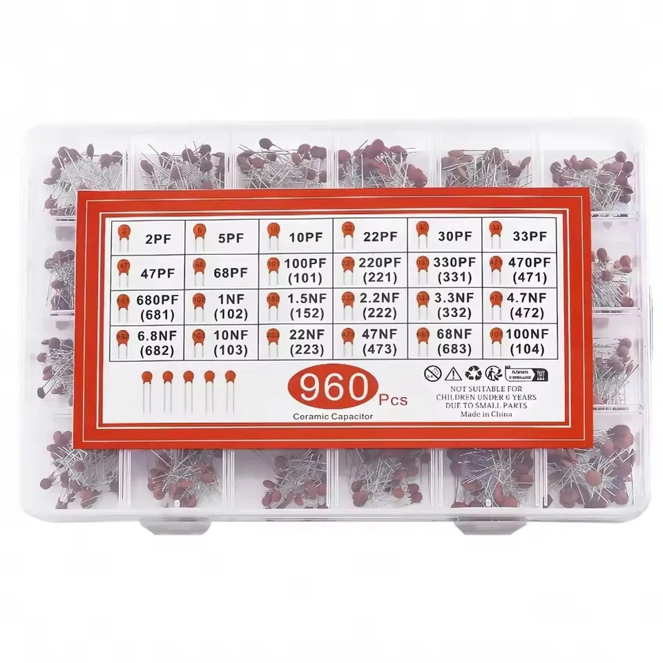 300/960pcs 50V Ceramic Capacitors Kit 2pF-0.1uF 30pF 100pF 1nF Electronic Components Package Capacitor Assorted Samples Diy Kit