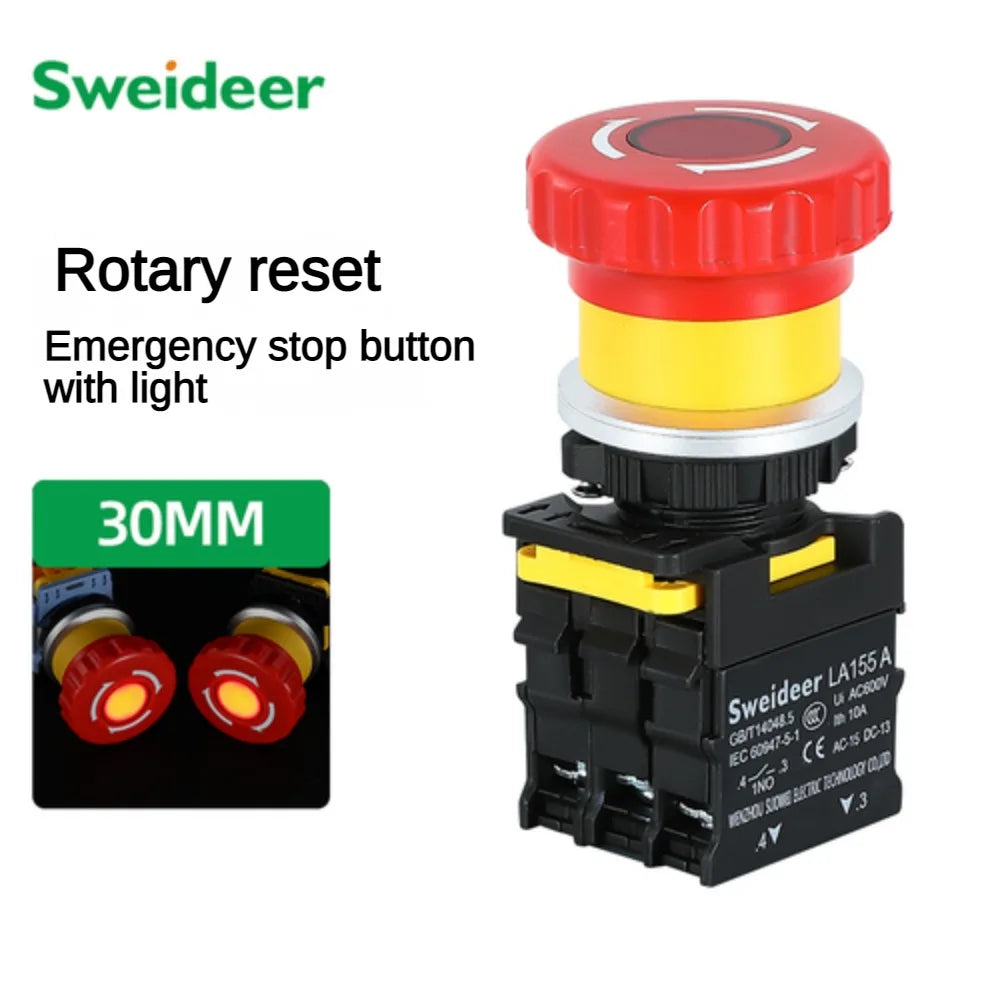 30mm Emergency Stop Button Switch with Light Mushroom Emergency Stop Power Switch Control Electrical Starter Switch 220V 10A NC