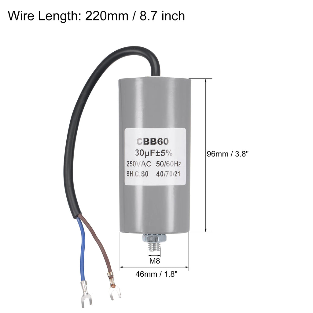 1Pcs CBB60 Run Capacitor 30-50uF 250V AC 2Wire 50/60Hz Cylinder with Terminal M8 Fixing Stud for Air Compressor Water Pump Motor
