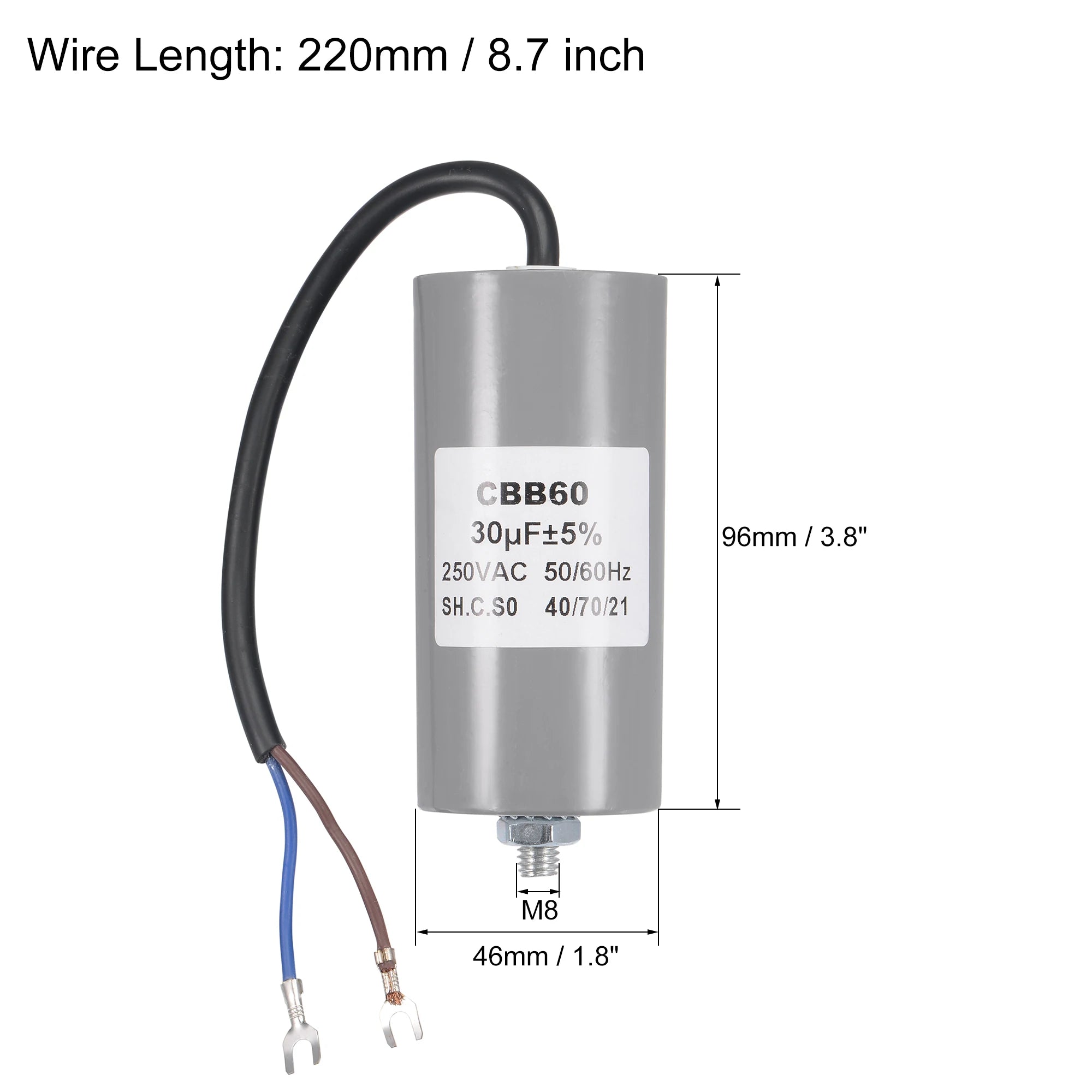 1Pcs CBB60 Run Capacitor 30-50uF 250V AC 2Wire 50/60Hz Cylinder with Terminal M8 Fixing Stud for Air Compressor Water Pump Motor