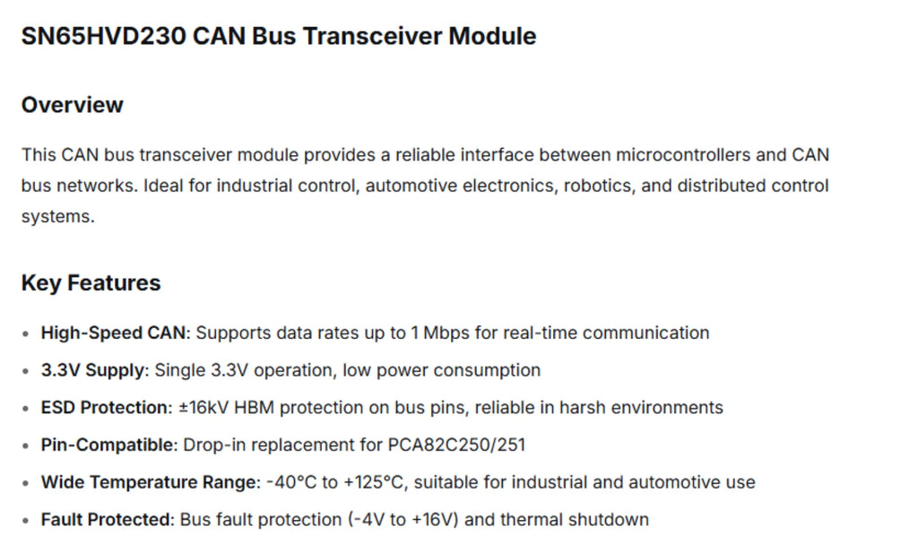 SN65HVD230 CAN Bus Transceiver Module 3.3V 1Mbps ESD Protection for Arduino STM32