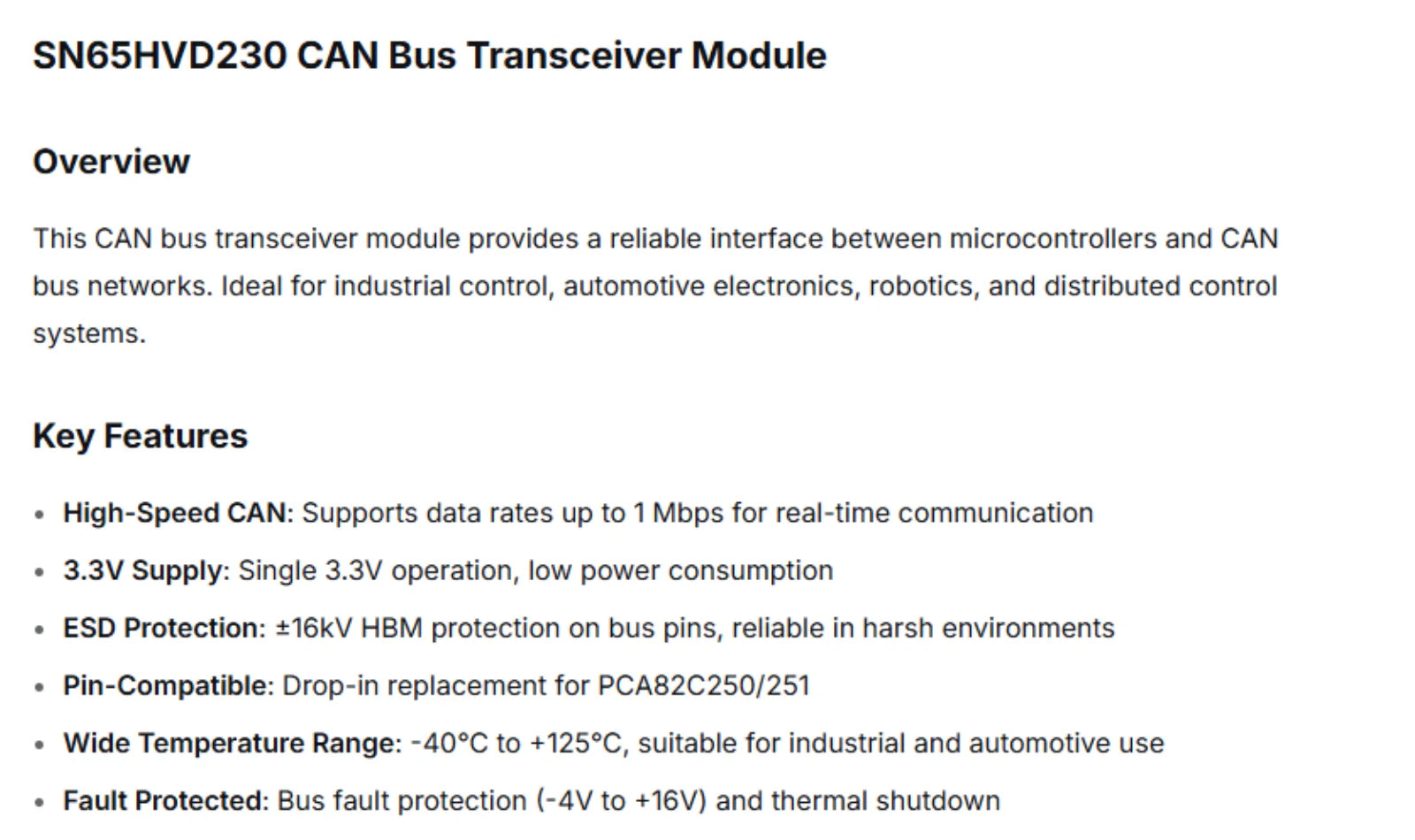 SN65HVD230 CAN Bus Transceiver Module 3.3V 1Mbps ESD Protection for Arduino STM32