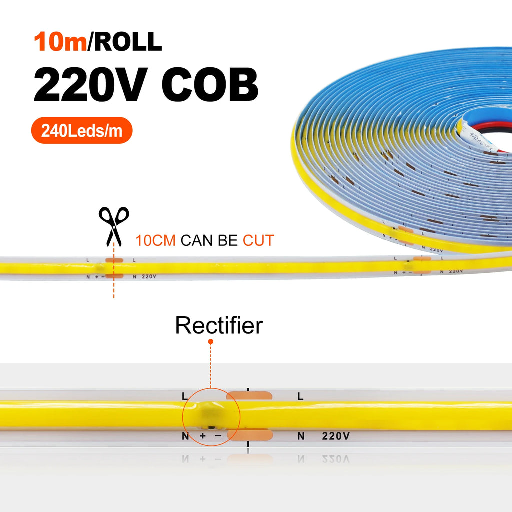 5M 10M 20M 50M/Roll COB Strip AC 220V 240Leds/M IP20 3000K 4000K 6000K Driver Build In Home Decor Flexible Ribbon Rope LED Light