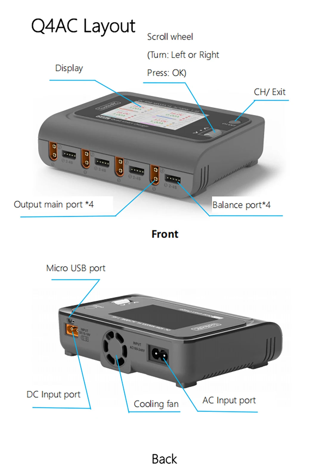 ToolkitRC Q4AC 4x50W 5A AC 100W 4 Port DC Smart Discharger Charger XT60/XT30 Optional for 1-4S Lipo Battery
