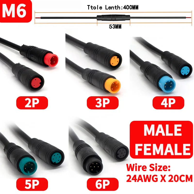 5/10 Set M6/M8 Julet Electric Butt Plug Connectors - 2/3/4/5/6 Pin, for Scooter Brake Cable & Signal Sensor (20CM)