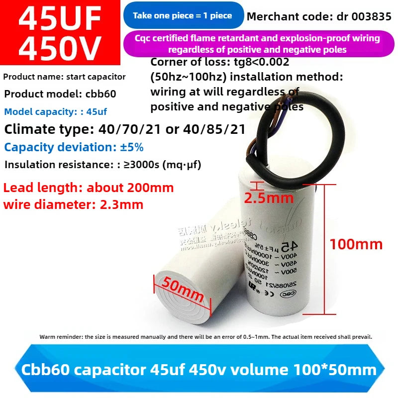 CBB60 Capacitor 450V AC Motor Run Capacitors 3/4/5/6/8/10/12/14/15/16/18/20/30/35/40/50/60/70UF for Washing Machine, Water Pump