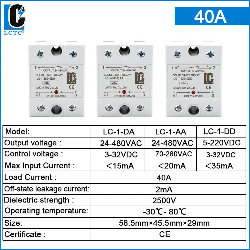 LCTC SSR Relay DC TO AC DC TO DC AC TO AC Solid State Relay Single Phase 10A 25A 40A 60A 80A 100A 120A 200A 240A LC-1-DA/AA/DD