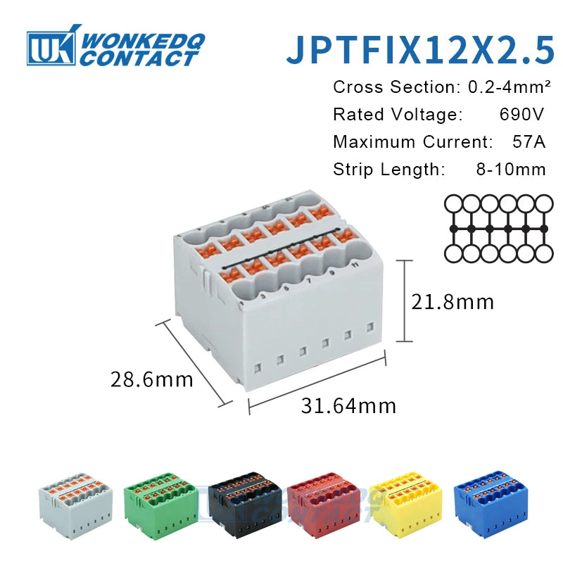 Distribution Block PTFIX 2.5mm² 2/4/6/7/12/13/18/19 Connection Push-in Electric Power Terminal Block Connector Mount on Din Rail