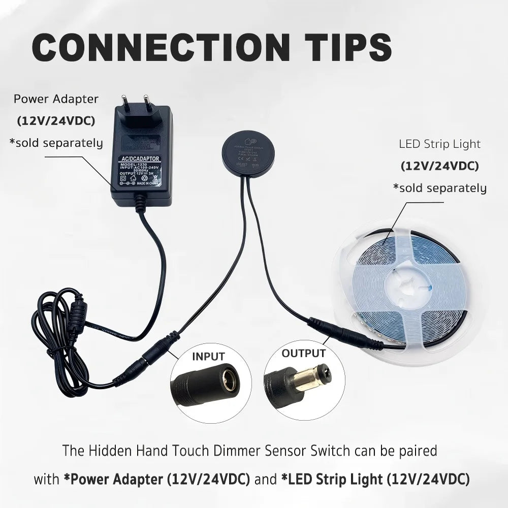 12V/24V 60W Touch Switch, Suitable for Concealed Installation in Furniture with a Thickness of 0-40mm, LED Touch Dimming Sensor.