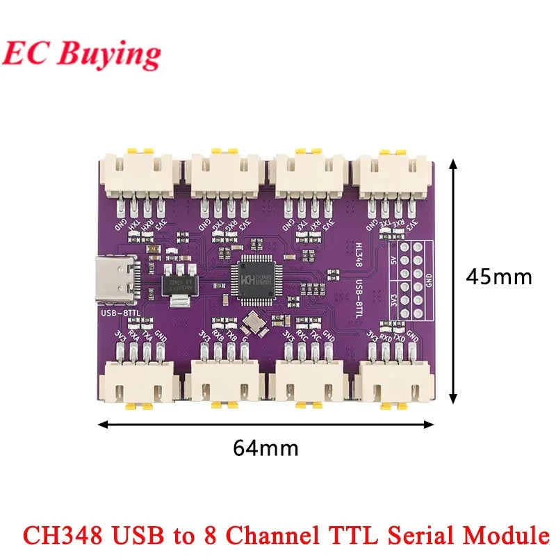 USB to 4 8-way RS485 Serial Port Type-C to 4 8-way 485 Multi-channel UART TTL CH348 HUB RS485 Module Expansion Board YR-6028