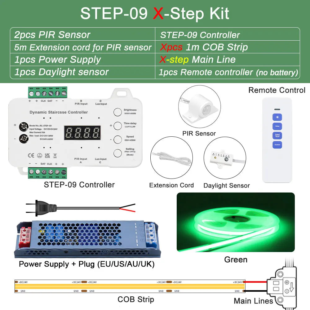 COB LED Strip PIR Motion Sensor Stair Lights Kit Step by Step Control Indoor Smart Staircase Lighting Controller with Main Line