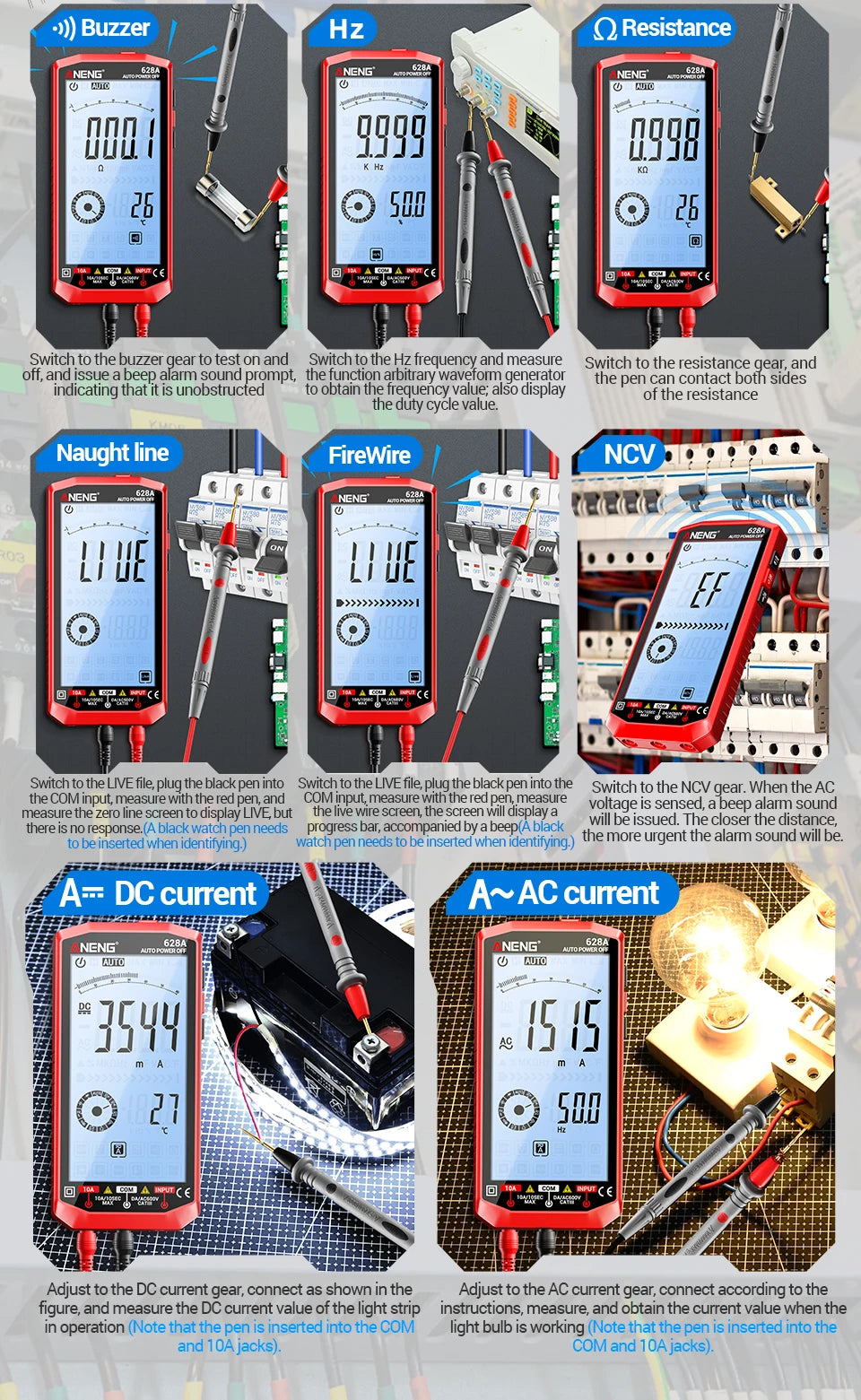 Smart Precise Digital Multimeter Tester ANENG 628A AC/DC Voltage Current High Definition Backlit Large Screen Electrician Tools
