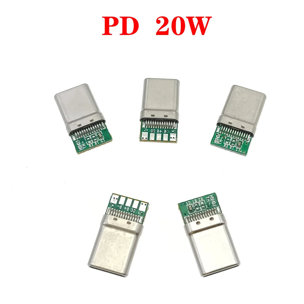 PCB Board Plug USB 3.1 Type-C PD 20W Connector 5Pin Male Receptacle Adapter to Solder Wire & Cable High Current Support