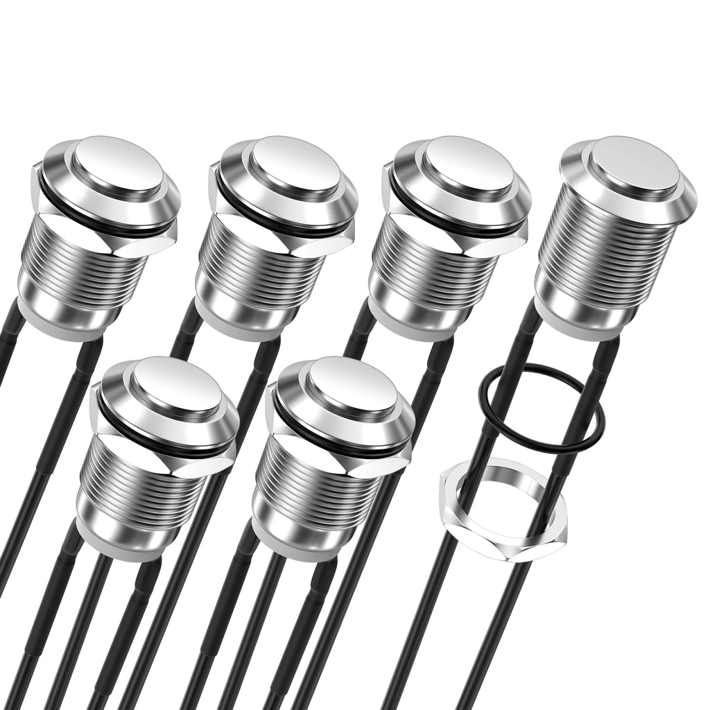 DaierTek 6PCS 12mm Momentary Push Button Switch 12V Metal Waterproof Pushbutton Switch Silver Normally Open (ON) Off 2 Pin SPST
