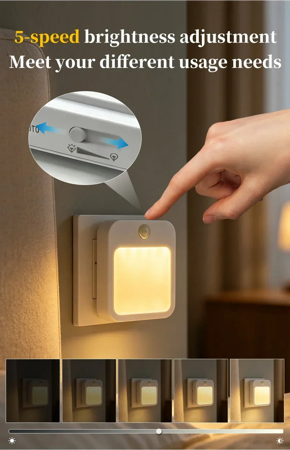 LED Motion Sensor Plug-In Night Light Warm/Cool White Dimmable 5 Brightness Levels for Hallway Stairway Bedroom 100-240V