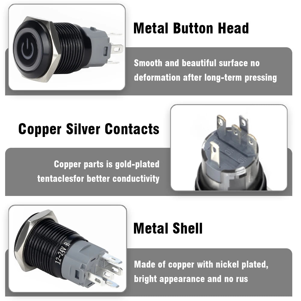 12/16/19/22mm Waterproof Metal Push Oxidized Black Button Switch LED Light Momentary Latching Car Engine Power Switch 5V 12V 24V