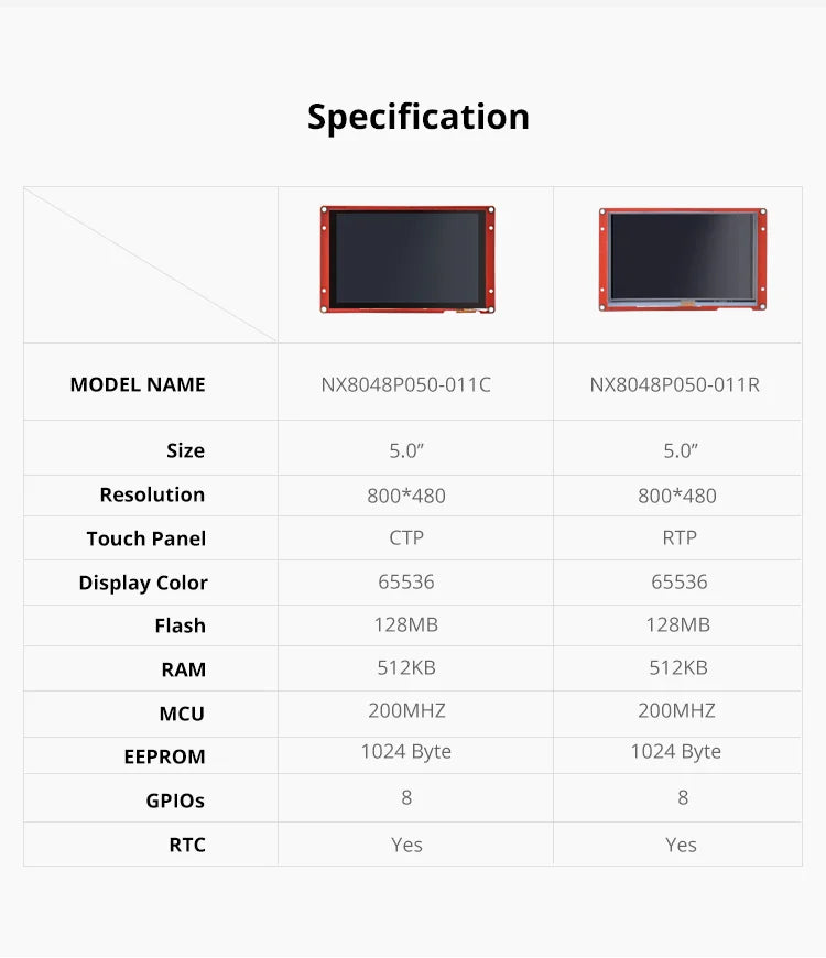 NX8048P050-011C/R Series Smart HMI Touch Display, Capacitive LCD-TFT ouchscreen Resistive 5.0 Inch NX8048P050-011R