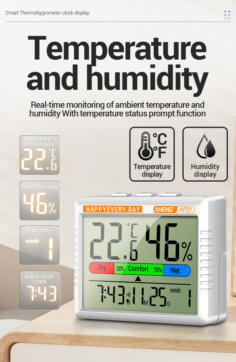 Digital Thermohygrometer Clock ANENG AP01 Snooze Alarm Mode Air Thermometer Humidity Multi-scenario High Precision Tester Tools