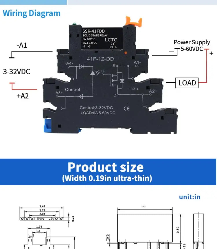 LCTC 1PCS SSR Solid State Relay DIN Rail Slim Relay Module SSR-41FDD SSR-41FDA DC To AC DC To DC 6A Non-contact Relay With LED
