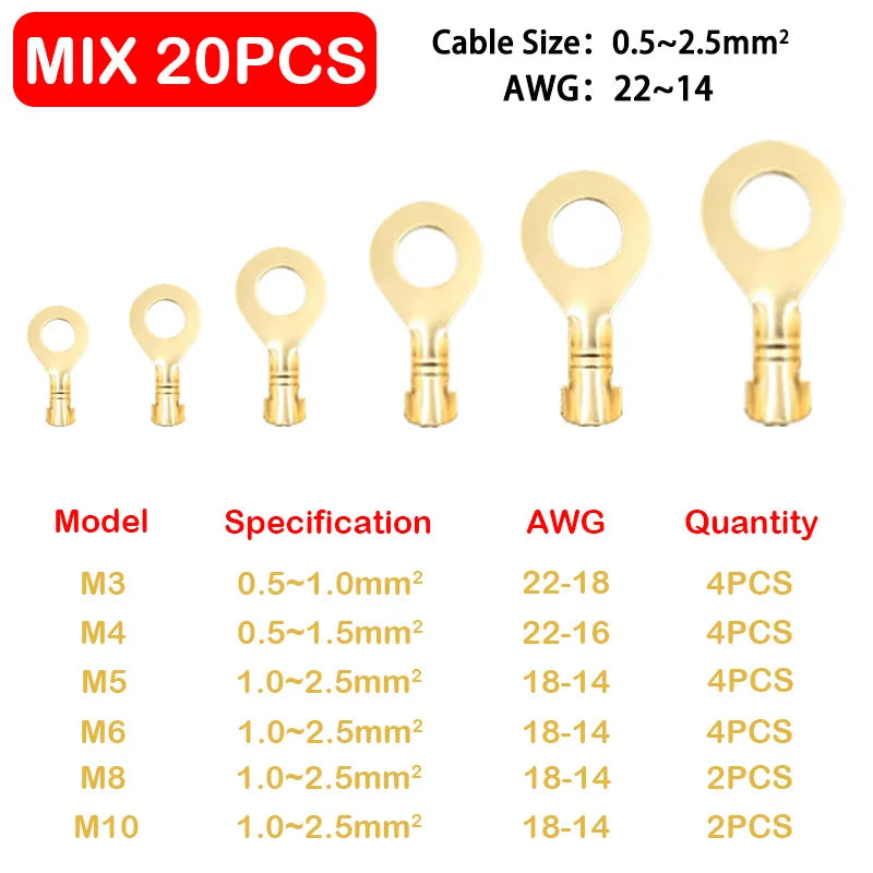 O-type Ground Lugs Terminal Cold-Pressed Copper Tab Wiring Nose Wire Lugs Crimp Wire Connector Eyelets Cable Connection Clamp