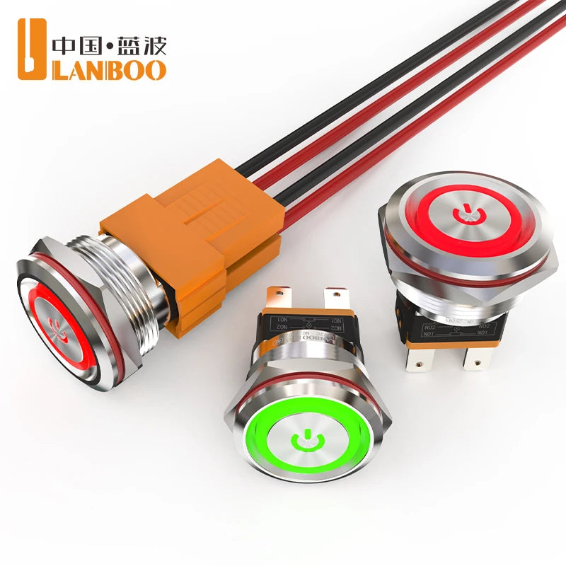 LANBOO 22mm 15A 2NO High Current Push Button Switch with LED 24V 220V Momentary Latching