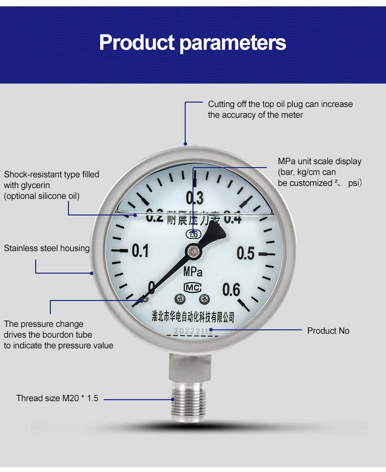 Stainless Steel Pressure Gauge Shock-resistant Radial Water Pressure 1.6Mpa Air Pressure Oil Pressure Hydraulic Vacuum Pressure