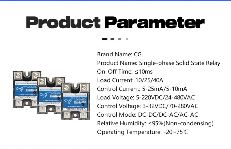 CG 1PCS Single-phase Solid State Relay Input 3-32VDC Output 24-480VAC DC to AC/DC to DC/AC to AC SSR 10/25/40A Module Relay