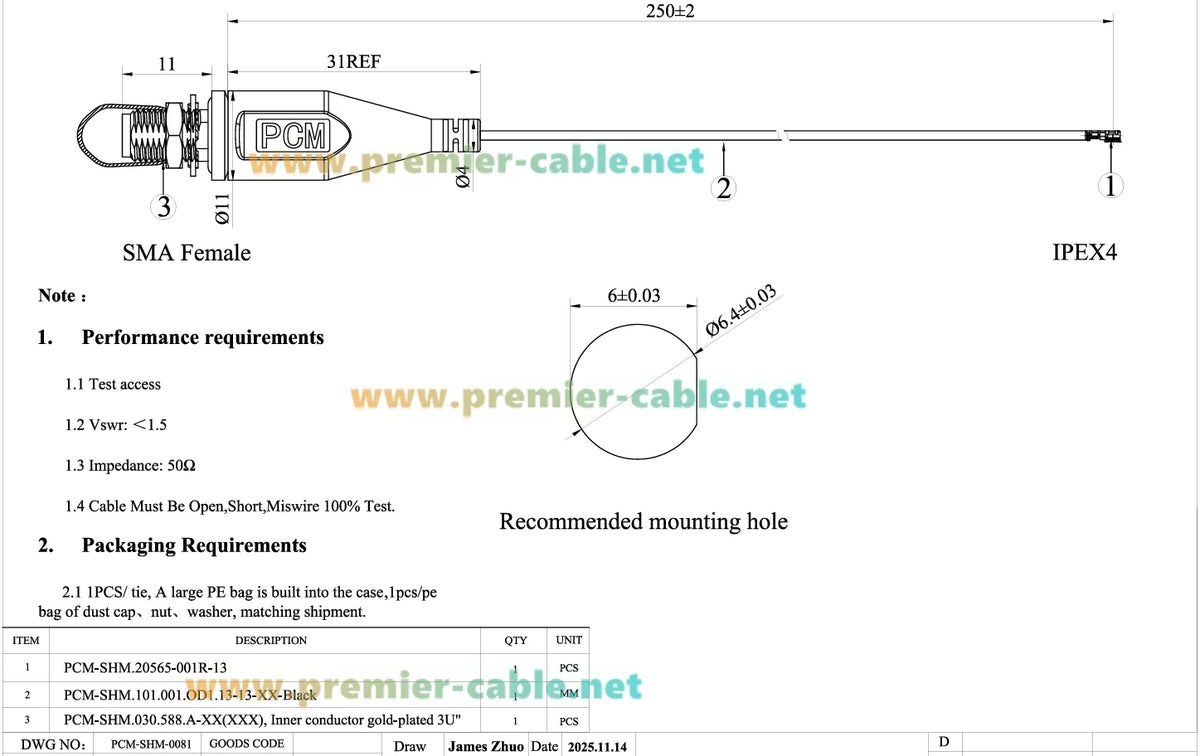 I-PEX Gen 4 MHF4 to SMA Female Bulkhead Panel Mount Cable RG113 50 Ohm Low Loss RF Coaxial Pigtail Extension Antenna Cable
