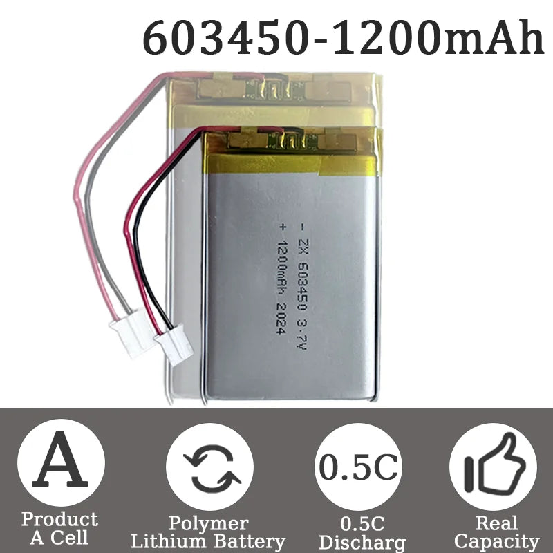 603450 3.7V 1200mAh Lithium Polymer LiPo Rechargeable Battery with jst PH 2.0mm 2pin plug For MP3 Laptop PC Camera GPS
