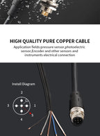 M12 Cable Connector Male and Female Circular Shield 2 3 4 5 6 7 8 9 12 17 Pin PVC PUR Straight Angle Mold OEM Waterproof