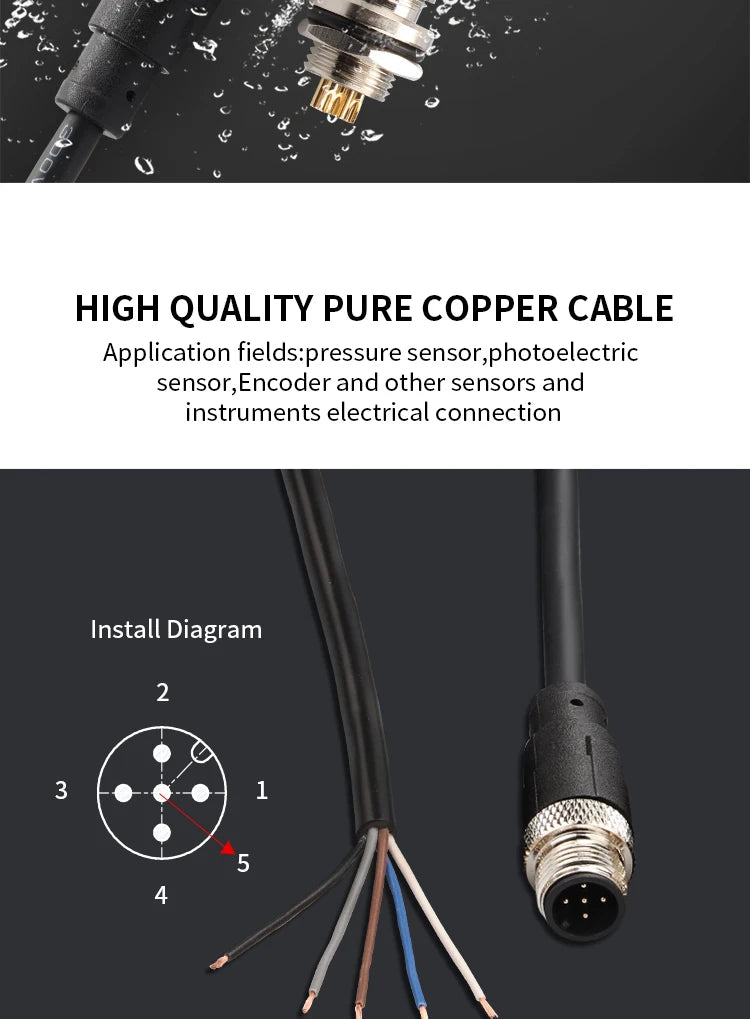 M12 Cable Connector Male and Female Circular Shield 2 3 4 5 6 7 8 9 12 17 Pin PVC PUR Straight Angle Mold OEM Waterproof