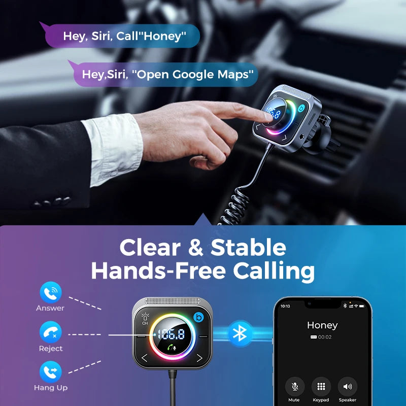 Joyroom Bluetooth 6.0 FM/AUX Transmitter Car Adapter Audio FM Transmitter Bass Boost 3 Ports PD&QC 3.0 FM Bluetooth Fast Charger