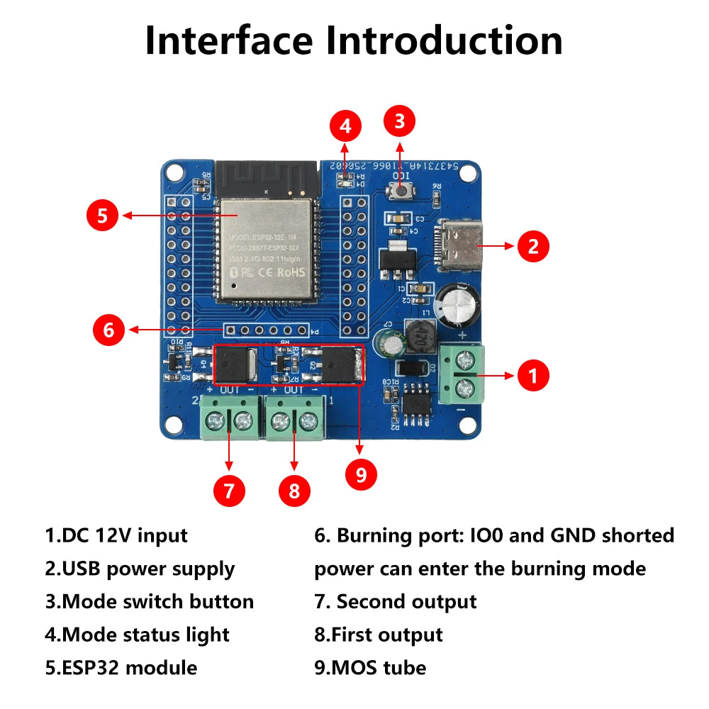 DC 5-60V 2/4 Way Mos Switch Module On-Board Esp32-32E Module Wifi Bluetooth ESP Development Board Type C