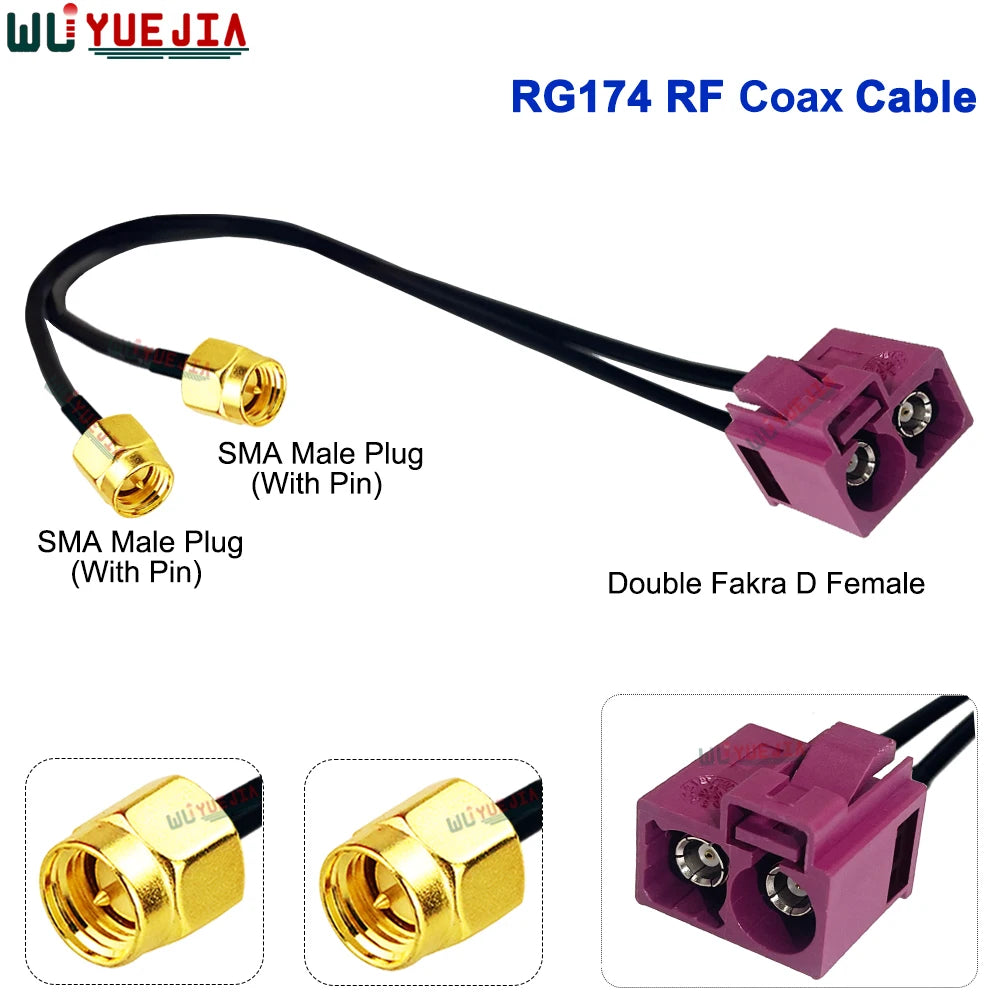 RG-174 Double Fakra D Female to SMA Male Pin + RP-SMA Female Hole 50 Ohm RF Connector Coaxial Cable WIFI Antenna Jumper Pigtail