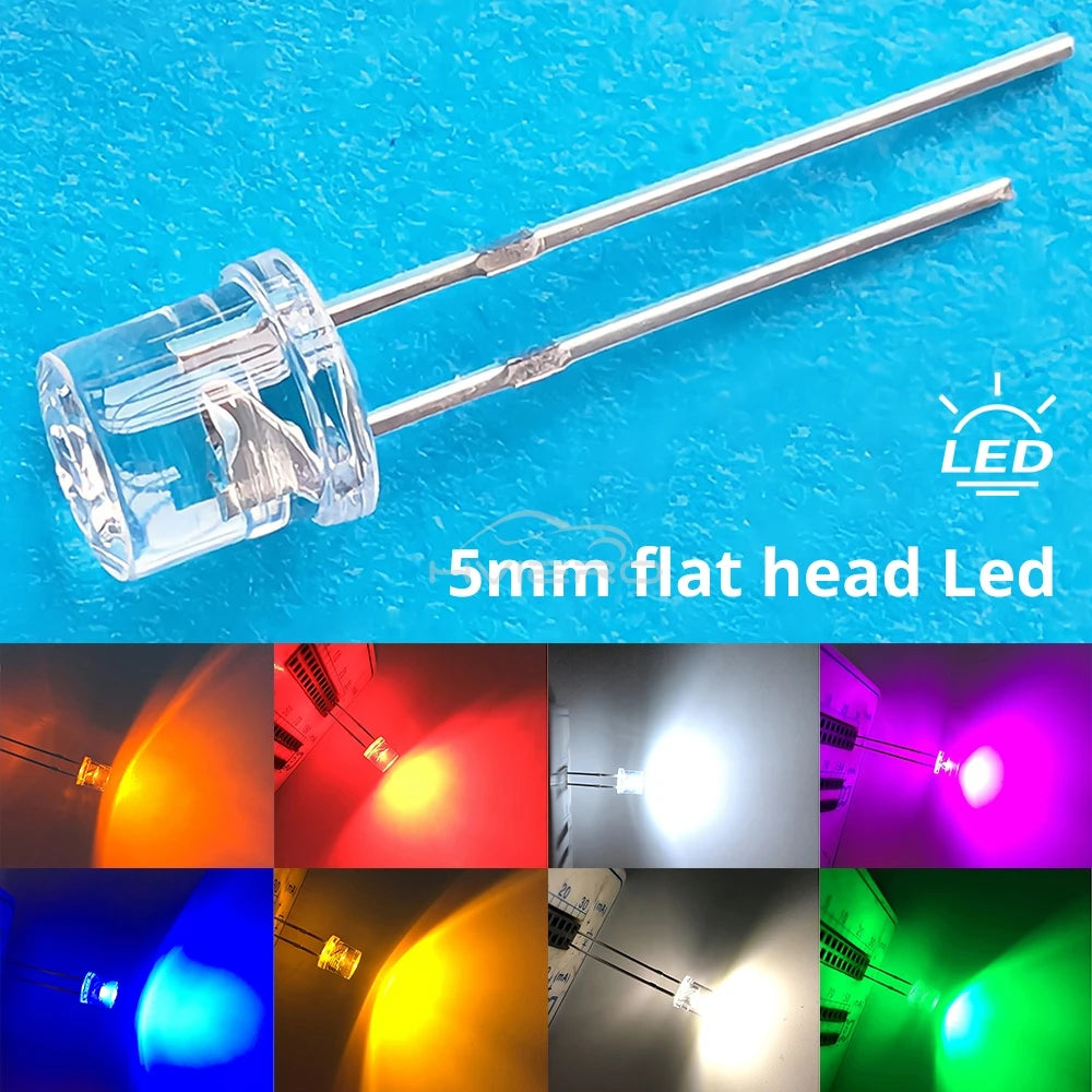 100/1000PCS 5mm Flat Top F5 Emitting Diode LED Wide Angle Ultra Super Bright Bulbs Light Lamp Diodes White Red Yellow Blue Green