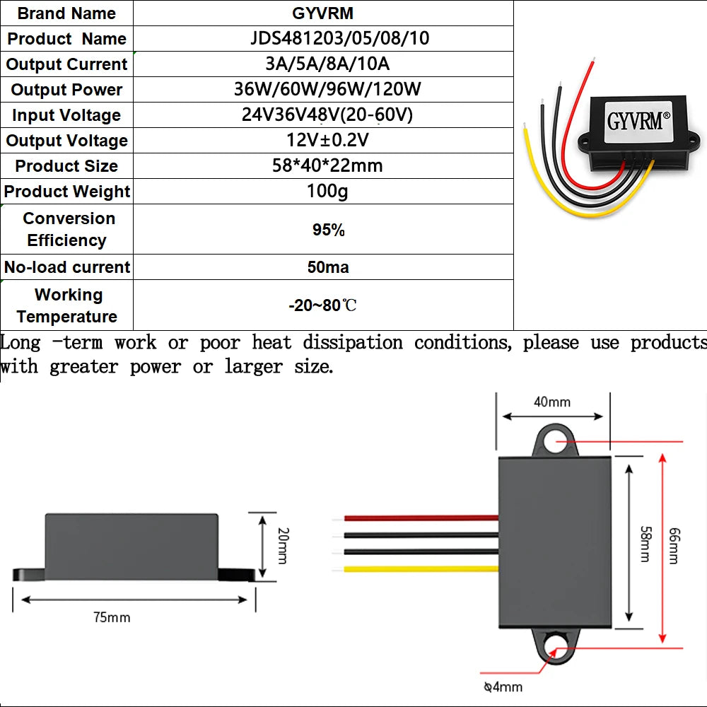 DC 72V 60V 48V 36V 24V to DC 12V 3A 5A 8A 10A Step Down Voltage Power Converter Auto Car Motorcycle Bus Truck Buck Power Supply